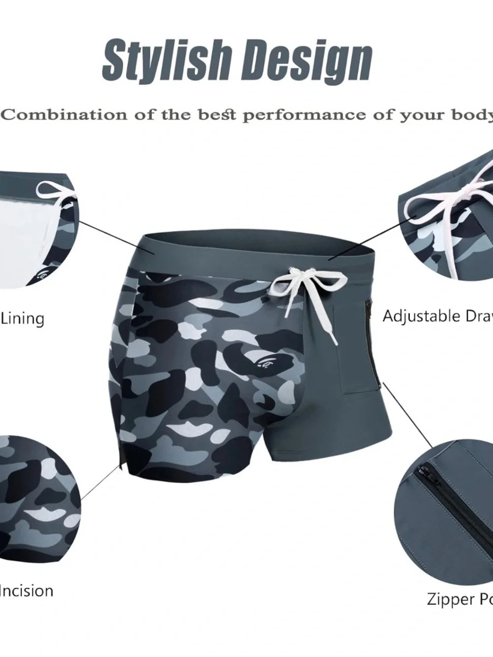 Quick Dry Lightweight Square Leg Cut Swimwear Trunks/Cap Men’s Size M Gray/Camo